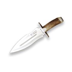 Cuchillo de caza Joker "Verraco" CC42 con puño de ciervo y hoja MOVA de 26 cm con funda de cuero, herramienta de pesca, caza, camping y senderismo
