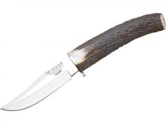 Cuchillo de caza Joker "Luchadera" CC70 con mango de punta de ciervo, hoja de 10 cm MOVA, incluye funda de cuero marrón, Herramienta de pesca, caza, camping y senderismo