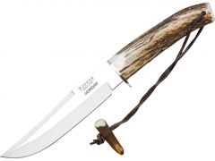 Cuchillo de caza Joker CC73 "Luchadera", mango de asta de ciervo, hoja de 16 cm, incluye funda de cuero marrón, Herramienta de pesca, caza, camping y senderismo