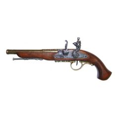 Réplica de pistola de chispa zurda del Siglo XVIII,  de 38.5 cm, fabricada en metal y madera con mecanismo simulador de carga y disparo, con cañón ciego, no dispara, para decoración