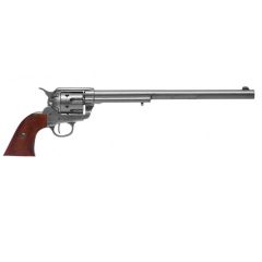 Réplica de revólver calibre 45 Peacemaker de 12" fabricada diseñado por Samuel Colt en 1873, en metal y madera, con mecanismo simulador de carga y disparo y tambor giratorio, con cañón ciego, no dispara, para decoración