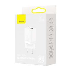 Baseus travel charger super si pro mini fast charger, c+u, pd 3.0, qc 3.0 30w eu white (ccsupp-e02)