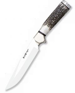 Cuchillo Cervato 8702 Miguel Nieto de 30,5 cms, con hoja de acero de 17 cms y mango de Asta de ciervo con funda de piel de primera calidad (marrón)
