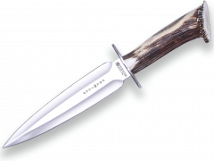 Cuchillo de caza Joker "Colmillo" CN108, mango de asta de ciervo, hoja MOVA de 22 cm, funda de cuero marrón, herramienta de pesca, caza, camping y senderismo