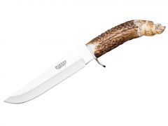 Cuchillo de caza Joker "Jabato" CT34 con mango de asta de ciervo tallado a mano, hoja de 17 cm, funda de cuero marrón. Herramienta de pesca, caza, camping y senderismo