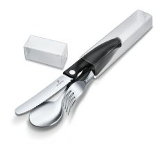 Set de cuchara, tenedor y cuchillo Victorinox, fabricado de acero inox, resistente al uso, para picnic u oficina, a elegir entre dos colores