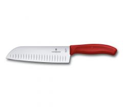 Cuchillo suizo Victorinox Santoku Swiss Classic, de filo de alvéolos, para cortar en rebanadas, dados o moler, hoja afilada de 17 cm, color rojo, en blister 6.8521.17B