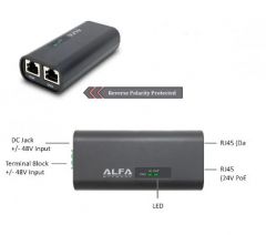 Alfa network ddc-4824poe 48vdc to 24v poe adapter with redundant dual-input, provide power and acces to device at the same time