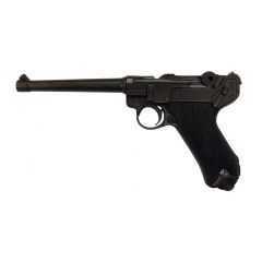 Réplica de pistola Parabellum o modelo 1908 (P08), conocida como Luger, fabricada en metal y cachas de plástico, con mecanismo simulador de carga y disparo, con cañón ciego, no dispara, para decoración