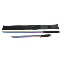 Set de dos espadas Third H0128C hoja de acero inox de 48 cm bañadas en titanio rainbow con mango de cuerda trenzada, la pequeña con hoja de 34-6 cm. Incluye funda de nylon