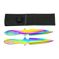 Set de cuchillos lanzadores Third H7005 de 2 piezas de 22.8 cm de acero inox bañado en titanio rainbow. Con funda de nylon