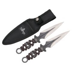 Set de cuchillos lanzadores Third H7120 de 2 piezas de 21 cm negro de acero 420 con corte satinado y cuerda trenzada en el mango. Incluye funda de nylon