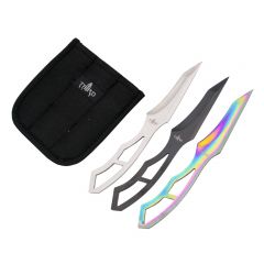 Set de cuchillos lanzadores Third H7121 de 3 piezas de 18.5 cm de acero 420 en tres acabados negro, satinado y rainbow. Incluye funda de nylon