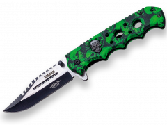 Navaja JKR puño de aluminio de color verde con calavera, hoja inox de 8,5 cm, con clip, JKR0622
