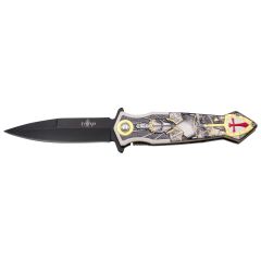 Navaja Templaria  Third, mango de aluminio decorado con caballero templario y hoja negra de 8,9 cm, K2907, herramienta para uso deportivo, pesca y caza