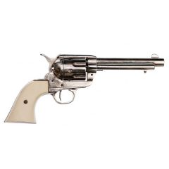 Réplica de revólver calibre 45 Peacemaker de  5½" diseñado por Samuel Colt  en el año 1873 fabricado en metal y cachas de plástico imitación marfil, con mecanismo simulador de carga y disparo y tambor giratorio.