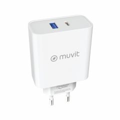 Muvit for change cargador de pared 1 usb qc 3.0 18w+1 tipo c pd 65w blanco