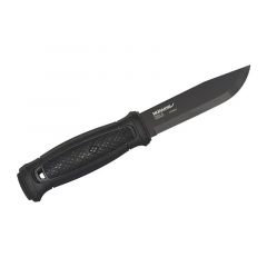 Morakniv STE-13100 Cuchillo de supervivencia Garberg con hoja negra de acero al carbono de 10,9 cm de largo, mango inyectado de poliámida de alta resistencia. Incluye funda de cuero color negro