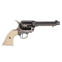 Réplica de revólver calibre 45 Peacemaker de  5½" diseñado por Samuel Colt  en el año 1873 fabricado en metal, con mecanismo simulador de carga y disparo y tambor giratorio, con cañón ciego, no dispara, para decoración