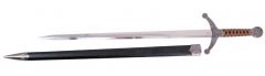 Espada S0313 Modelo de espada Celta, con acabados en níquel en el pomo, la empuñadura y la guarda, el mango es en dos acabados de marrón. Con un tamaño total 104 cm, hoja de acero con funda negra con detalles metálicos en níquel.