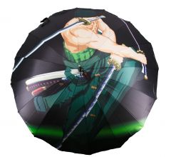 Katana Paraguas S0333 de One Piece modelo Roronoa Zoro réplica no oficial, mango encordado blanco con imitación piel de raya negra, el diámetro del paraguas abierto es de 110 cm.