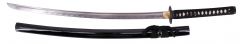 Katana Funcional S2240 de 102 cm hoja de acero de damasco AISI 1045 con filo, con vaina color negro y encordado negro, con soporte y caja de madera forrada de tejido decorativo