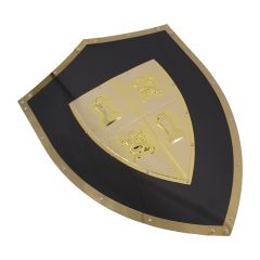 Escudo metálico S4004 con fondo en negro lacado, bordes en acabado dorado brillante y escudo de Castilla y León en el centro. Hecho de metal con resortes traseros, tamaño 64 cm x 46 cm
