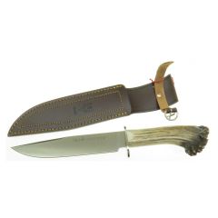 Cuchillo de caza Muela Sarrio SARRIO-19S, hoja de 19,5 cm MOVA, puño asta de ciervo, con roseta y cruceta inoxidable + tarjeta multiusos de regalo