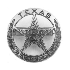 Réplica de una placa de Texas Ranger de 4 cm, fabricada en metal, con aguja para su sujeción.
