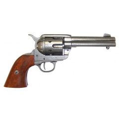 Réplica de revólver calibre 45 Peacemaker de 4,75" diseñado por Samuel Colt en 1873, fabricado en metal y madera, con mecanismo simulador de carga y disparo y tambor giratorio de color plata, con cañón ciego, no dispara, para decoración