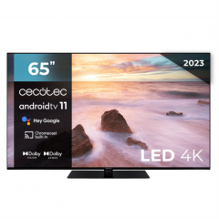 Televisión LED 65” con resolución 4K UHD, sistema operativo Android TV 11, Chromecast, HDR10+, Google Voice Assistant, clase E, con peana central.