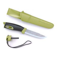 Morakniv STE-13570 Cuchillo de Supervivencia Companion Spark verde con hoja recta de acero inoxidable de 10.4 cm y mango de goma TPE color negro/verde. Incluye paracord, encendedor y Funda de polímero verde con clip para cinturón, en blister
