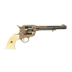 Réplica de revólver calibre 45 Peacemaker diseñado por Samuel Colt en 1873, fabricado en metal y cachas de plástico imitación marfil, con mecanismo simulador de carga y disparo y tambor giratorio, con cañón ciego, no funciona, para decoración