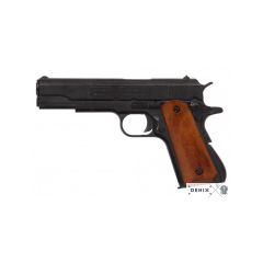 Réplica de Pistola automática calibre 45M1911A1, Fabricada por John M. Browning, , en los Estados Unidos USA en el año de 1911 durante la 1ª y 2ª Guerra Mundial, en metal  y cachas de madera, con caño ciego, no funciona, para decoración 