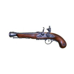 Réplica Pistola de Chispa Pirata del Siglo XVIII (zurda) de 37 cm fabricada en metal y madera con mecanismo simulador de carga y disparo, no funciona, para decoración